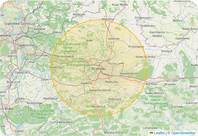 Mapa — Kraków i okolice, obszar działania Handy's